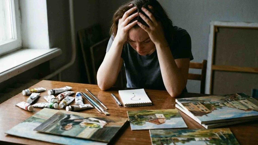 Fiatal festőnő ül a műtermében, fejét a kezébe temeti, láthatóan stresszes és gondterhelt. Előtte egy nyitott vázlatfüzet egy kérdőjellel, ecsetek, festékek és befejezetlen tájképek. A kép illusztrálja a művészek árazás körüli érzelmi nehézségeit és bizonytalanságát.