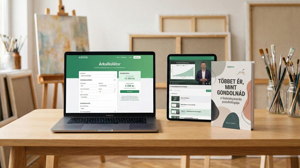 Laptop képernyője mutatja a KINVA Árkalkulátor szoftvert, egy 60x80 cm-es olajfestmény 116.000 Ft-os kalkulált árával.