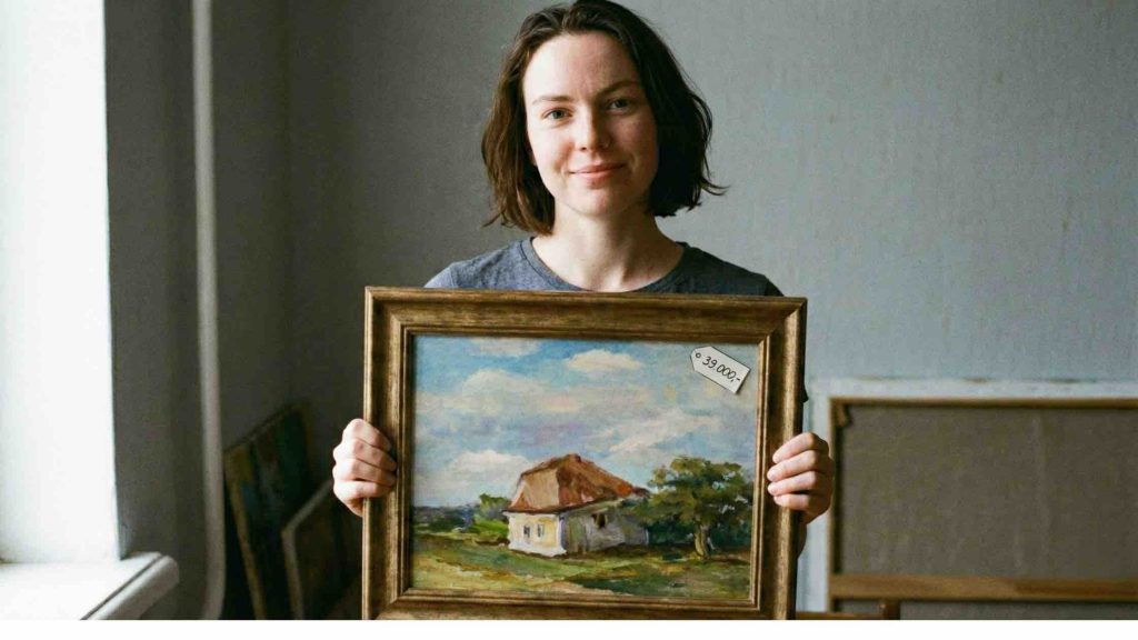 A korábban bizonytalan festőnő (image_15.png) most magabiztosan mosolyog, miközben büszkén tartja a bekeretezett tájképét. A képkereten egy tiszta árcédula látható "39.000,-" felirattal. A háttérben műtermi környezet. A kép a sikeres és magabiztos árazás eredményét mutatja be.