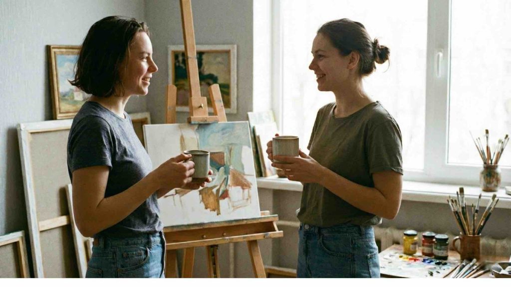 Két festőművész nő barátságosan beszélget és kávézik egy világos műteremben, festőállványok között.